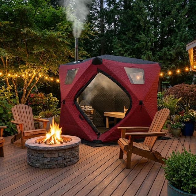 Sauna tent setup in a backyard with open space and ventilation.