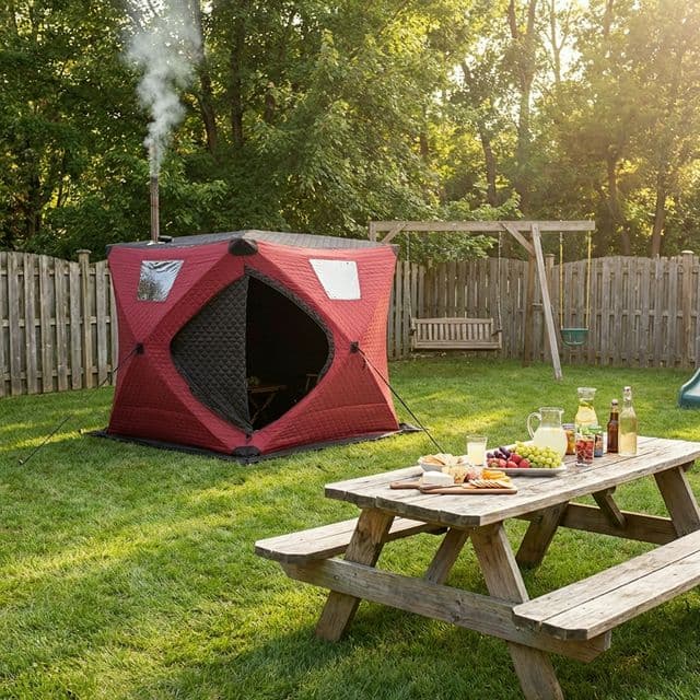 Family-friendly sauna tent placement in a residential yard.