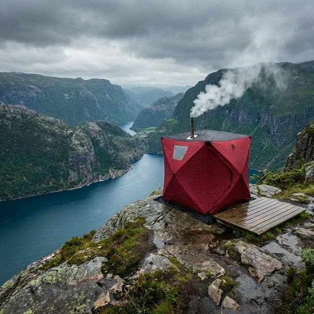 Tent sauna by Norwegian fjord