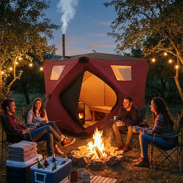 Friends enjoying tent sauna while camping