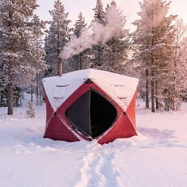 Sauna tent operating in a cold-weather outdoor environment.