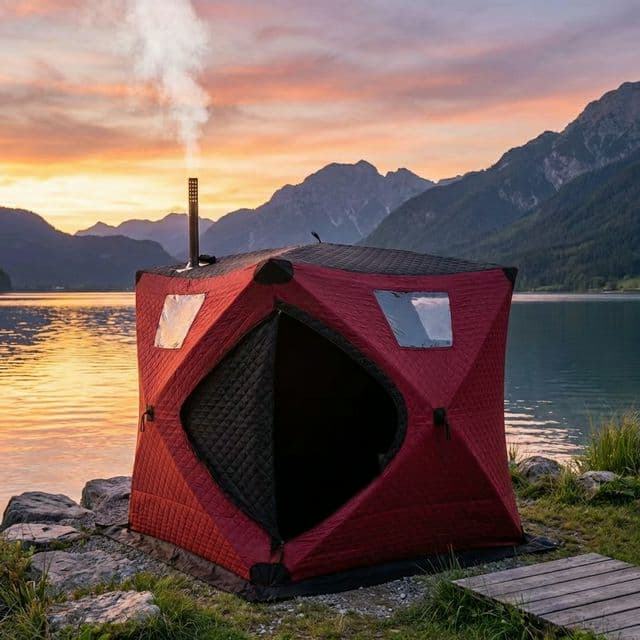 Illustrative lakeside sauna context for leisure and contrast-use planning