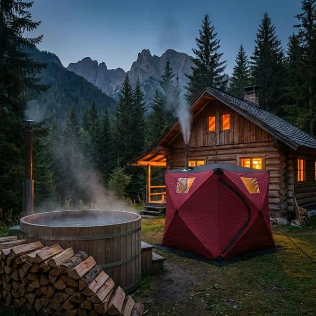 Outdoor sauna placement next to a retreat-style cabin