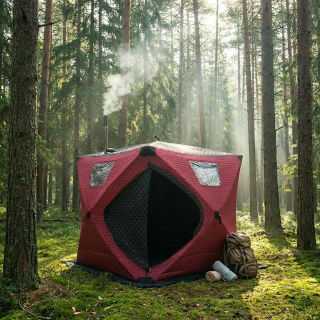Tent sauna in pine forest summer environment