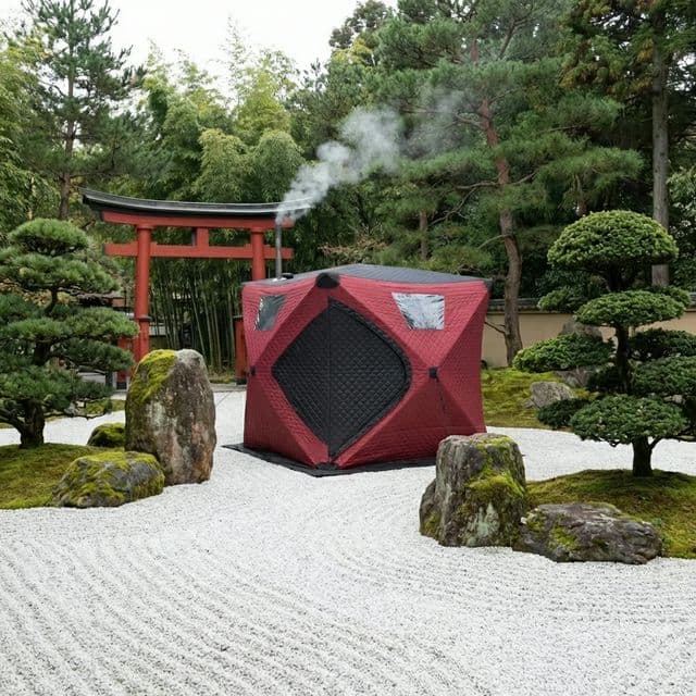 Portable sauna product image showing wellness-focused garden reference
